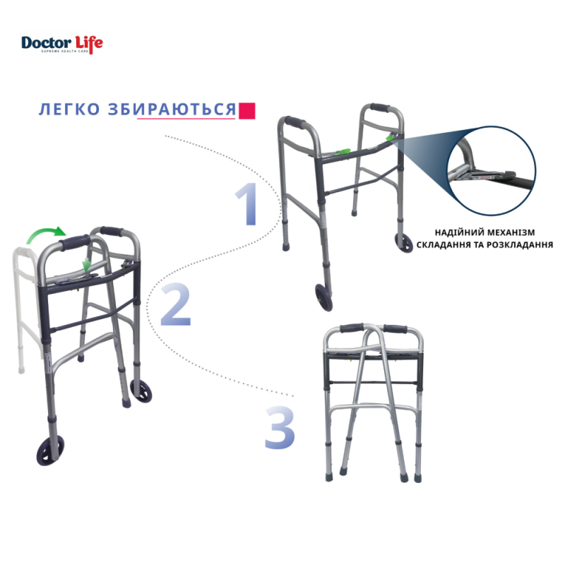 Ходунки складані з двома фіксаторами дорослі Doctor Life 10184SL/W