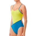 Суцільний жіночий купальник TYR Solid Splice Block Cutoutfit, Yellow/Grey/Blue (584), 28