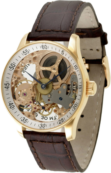 P558S-Pgg XLarge Zeno-Watch Basel Mech, Skeleton.gilt, white dial, brown leather strap