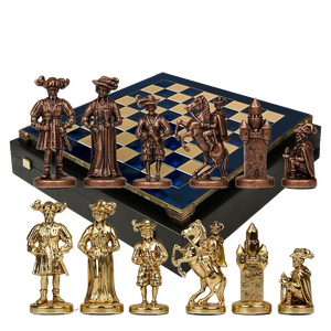 S12CBLU Manopoulos Medieval Knights chess set with bronze-gold chessmen/Blue chessboard 44cm
