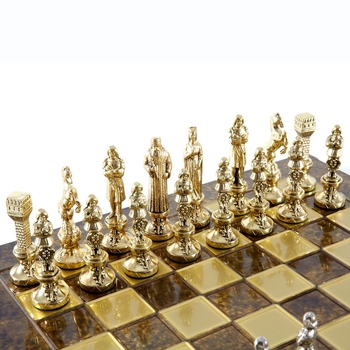 S9BRO Manopoulos Renaissance chess set with gold-silver chessmen/Brown chessboard 36cm