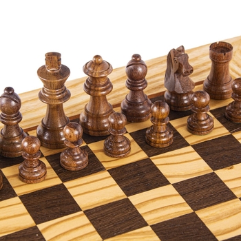 SW4234H Manopoulos Olive Burl Chessboard 34cm with wooden Staunton Chessmen in Luxury Wooden Box