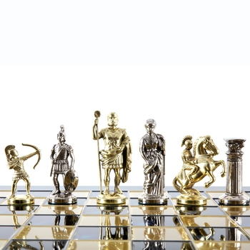 S10BLU Manopoulos Archers chess set with gold-silver chessmen/Blue chessboard 44cm