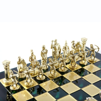 S10GRE Manopoulos Archers chess set with gold-silver chessmen/Green chessboard 44cm