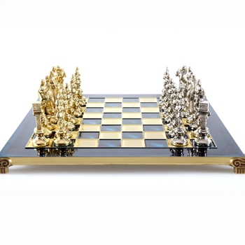 S9BLU Manopoulos Renaissance chess set with gold-silver chessmen/Blue chessboard 36cm