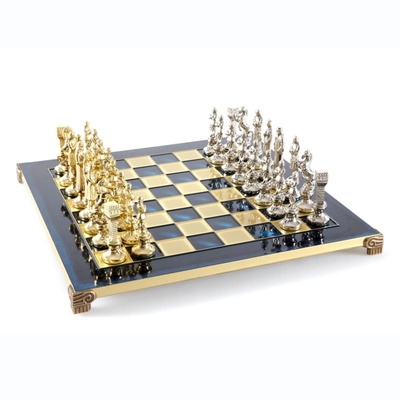 S9BLU Manopoulos Renaissance chess set with gold-silver chessmen/Blue chessboard 36cm