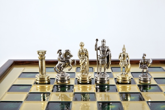 Manopoulos Greek Roman Period chess set with gold-silver chessmen/Green chessboard on wooden box 27cm
