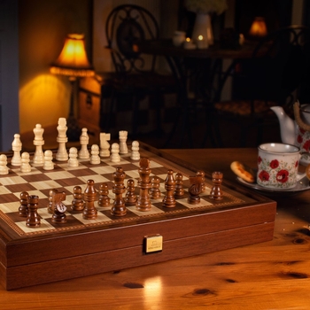 STP36E Manopoulos Backgammon &amp; Chess Olive branch design in Walnut replica wood case 41x41cm