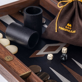 BCB1Manopoulos Handmade Fossile Forest Inlaid Backgammon with Wenge &amp; Oak points with Side racks