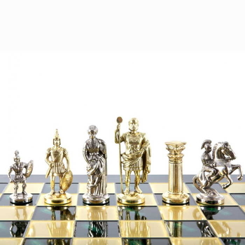 S3GRE Manopoulos Greek Roman Period chess set with gold-silver chessmen / Green chessboard 28cm