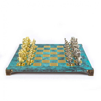 S3TIR Manopoulos Greek Roman Period chess set with gold-silver chessmen / Antique Turquoise chessboard 28cm