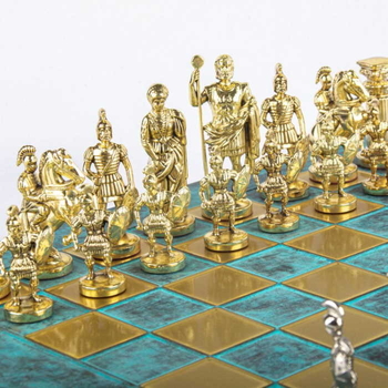 S3TIR Manopoulos Greek Roman Period chess set with gold-silver chessmen / Antique Turquoise chessboard 28cm