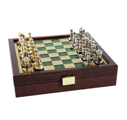 SK1GRE Manopoulos Byzantine Empire Metal Chess set with Gold &amp; Silver Chessmen/Blue Chessboard 20cm