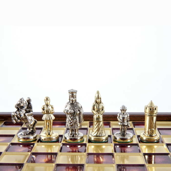 SK1RED Manopoulos Byzantine Empire Metal Chess set with Gold &amp; Silver Chessmen/Red Chessboard 20cm